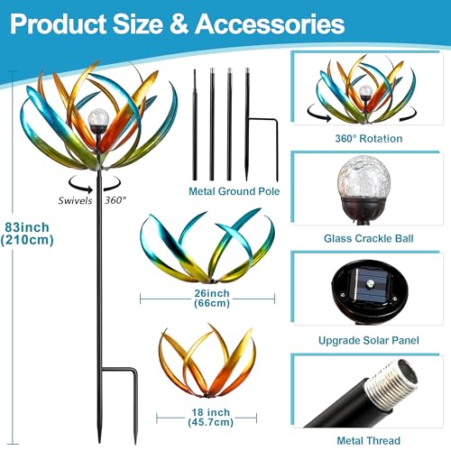 83-Inch Solar Wind Spinner Outdoor Metal, Kinetic Yard Art with Glass Globe - color: 83" Tulip