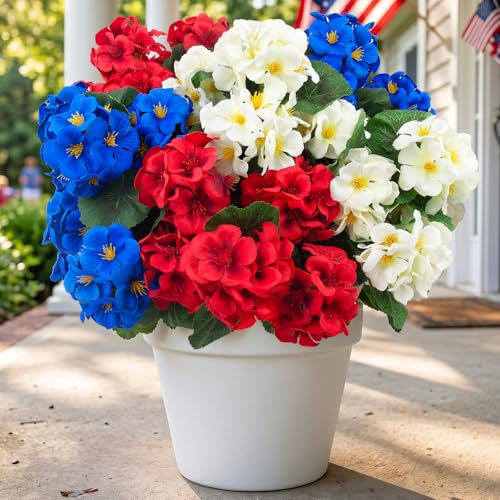 Hananona 6 Pcs Artificial Geranium Flowers for Outdoors Geranium Silk Flowers Outdoor UV Resistant Plants Faux Patriotic Flowers for 4th of July Home Kitchen Table Centerpieces Decor (6, RedWhiteBlue) - color: Redwhiteblue