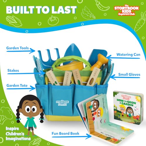 Kids Gardening Set – Toddler Gardening Kit Includes Watering Can for Kids, Shovel, Rake, Plant Stakes, Kids Gardening Gloves, Tote Bag & STEM Learning Gardening Guide Book - Garden Tool Set Blue - color: Blue