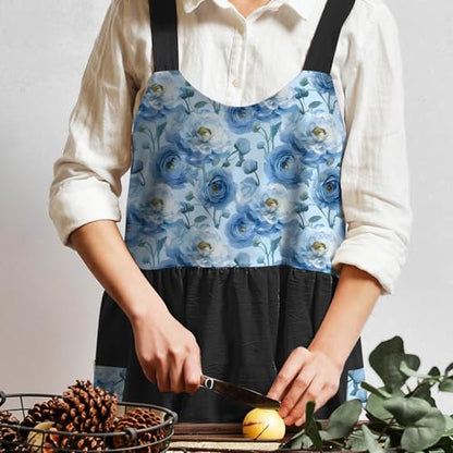 Cotton Linen Apron Cross Back Apron for Women with Pockets Pinafore Dress - color: Flora Black