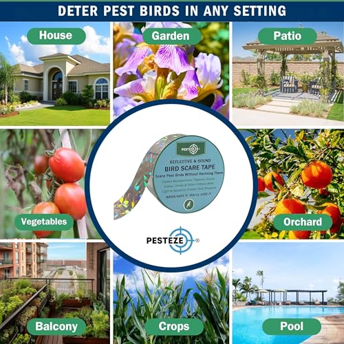 PESTEZE USA Bird Deterrent Reflective Tape–Dual-Sided Holographic Bird Scare Ribbon (1in x 295ft) for Yards, Gardens & Buildings to Repel Nuisance Birds Like Pigeons, Woodpeckers & Geese Without Harm