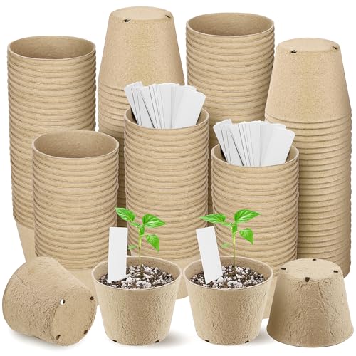 Hahood 160 Pieces Peat Pots Seed Starters 4 Inch Peat Pots Round Seed Starting Pots with 160 Plant Labels, Planter Nursery Pots with Drainage Holes for Vegetable Seed