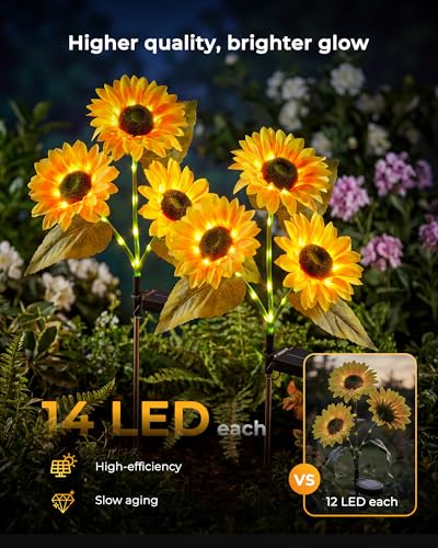 Brightown 6 Pack 3 Head Solar Sunflower Garden Stake Lights Waterproof - color: Yellow, size: 6 Packs