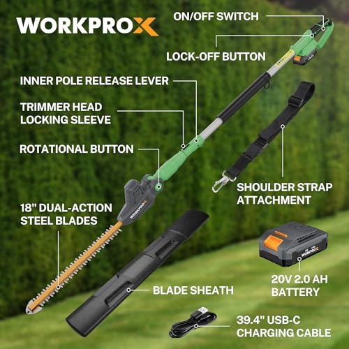 WORKPROX 20V Cordless Pole Hedge Trimmer, 9.2-Ft Reach, 11-Angle Head