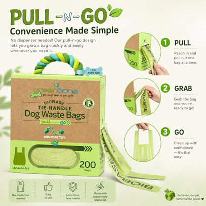 Greenbone Poop Bags for Dogs with Handles Unscented with Bonus Rope Pet Toy, 200 Count on Single Roll, Plant Based - style: Uncented-toy