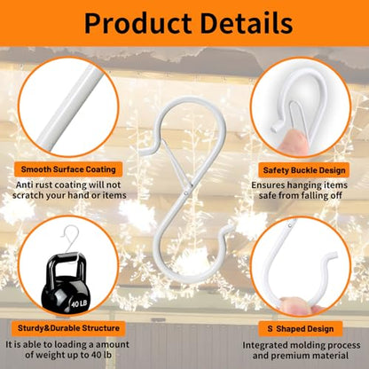 12 PCS S Hooks for Hanging with Safety Buckle, Heavy Duty Metal S Hooks - color: White
