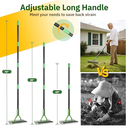 Thatch Rake, 13" Wide Efficient Dethatcher Rake with 70" Adjustable Long Handle, Heavy Duty Steel Metal Dethatching Rakes for Cleaning Dead Grass, Loosening Soil, Lawn Care in Yard Garden - size: 70"