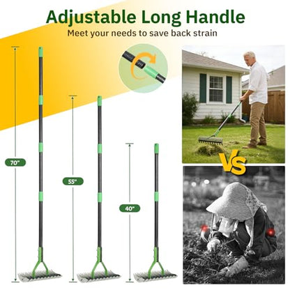 Thatch Rake, 13" Wide Efficient Dethatcher Rake with 70" Adjustable Long Handle, Heavy Duty Steel Metal Dethatching Rakes for Cleaning Dead Grass, Loosening Soil, Lawn Care in Yard Garden - size: 70"