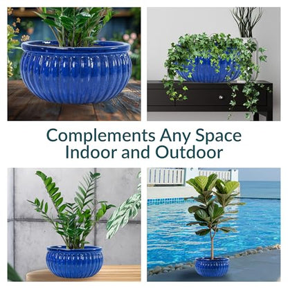 Sunnydaze 14.5" Round Ribbed Ceramic Planter Bowl, Imperial Blue