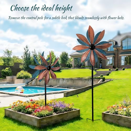 Copper & Blue Leaf 360° Metal Wind Spinners Outdoor, 57" H - color: Copper Leaf
