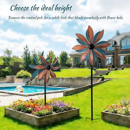 Copper & Blue Leaf 360° Metal Wind Spinners Outdoor, 57" H - color: Copper Leaf