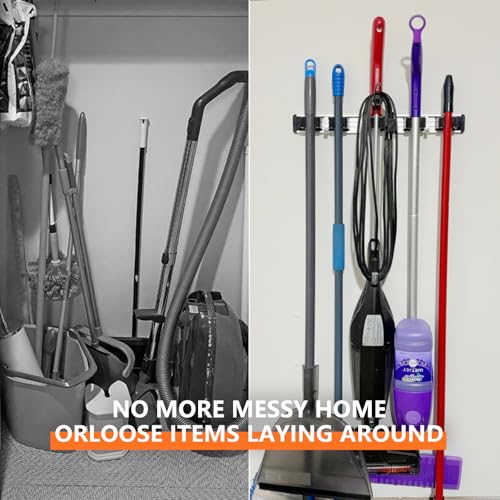 reliahom Broom Holder Wall Mount Mop Hanger Tools organizer 4Racks 5Hooks - color: Black