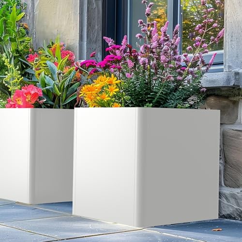 Square Outdoor Planter 20" L x 20" W x 21" H White Metal Planter Box - color: White, size: 20"L x 20"W x 21"H