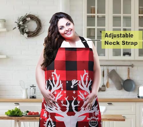 Plus Size Adjustable Bib Apron Water Resistant Canvas Extra Wide Long Ties Aprons with 2 Pockets Kitchen Cooking Gardening - color: Christmas Reindeer on Red-black Plaid