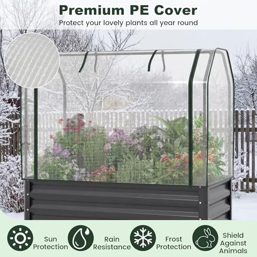 GIANTEX Raised Garden Bed with Legs & Greenhouse Cover, 44x22x60 Elevated Metal Planter Box with Roll-up Door, Outdoor Mini Greenhouse for Vegetable Flower Herb Patio Balcony (Black,1) - color: Black