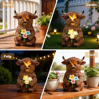 Solar Highland Cow Outdoor Statue, Garden Sculpture with Lighted Butterfly