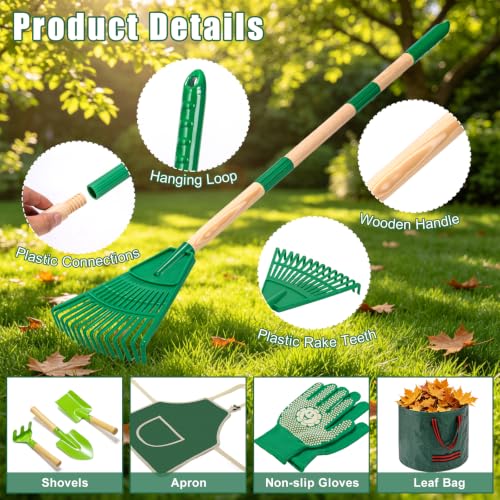 34" Kids Adjustable Leaf Rake Set 10 Pack with 3 Shovels & Leaf Bag - size: 10pcs