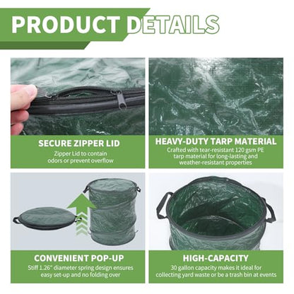 MaxWorks Pop Up Trash Can 30 Gallon Collapsible Garden Leaf Bin Portable Outdoor Garbage Can for Camping Yard Waste and Laundry Heavy Duty Spring Loaded Design (51048)