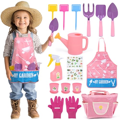 CUTE STONE Kids Gardening Set, Garden Toys with Metal Kids Rake, Shovel, Trowel, Watering Can, Gloves, Tote Bag, Gardening Kit for Toddlers, Outdoor Playset Spring Summer Toys for Girls Boys - color: Pink