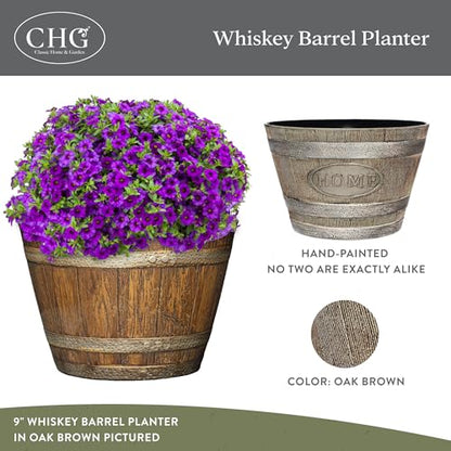 Whiskey Barrel Planters, Home Flower Garden Pots, 15" Oak Brown