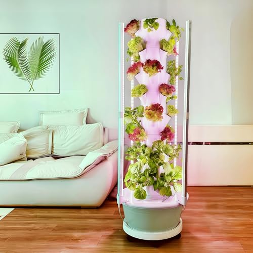 Hydroponic Garden Tower with LED Lights, 32 Pods, Auto Watering System