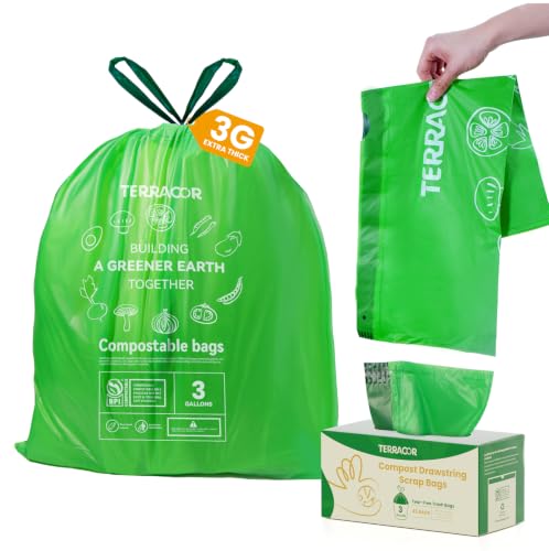 3 Gallon Compostable Trash Bags Drawstring, Heavy Duty Extra Thick 0.9 Mil, 45 Bags, Fits 2.6, 3, 4, 5 Gallon Countertop Bin Kitchen Food Scrap Waste Bag, ASTM D6400 - color: 3 Gallon-45