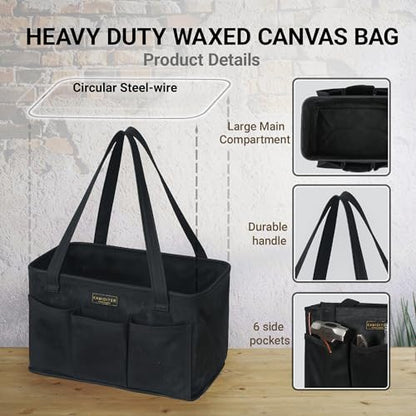 Tool Pouch, Heavy Duty 16oz Waxed Canvas Tool Bag, Rectangle Foldable Open Top Tool Bags with Handles, 7 Pockets | 13.5 x 7.8 x 7.8 Inches - color: Black, size: 13.5 Inch