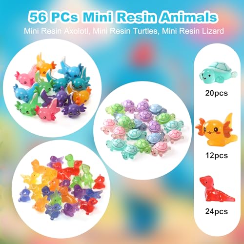 56PCs Mini Resin Animals, Turtles Lizard Axolotls, Mini Resin Figures to Hide Around The Office Home Garden Dollhouse