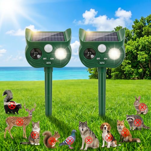 Solar Ultrasonic Animal Repellent, 2 Pack Motion Sensor Pest Deterrent, Waterproof Outdoor Animal Control for Raccoon, Squirrel, Deer, Rabbit, Cat, Dog, Skunk, Fox, Coyote for Yard Garden Lawn Farm