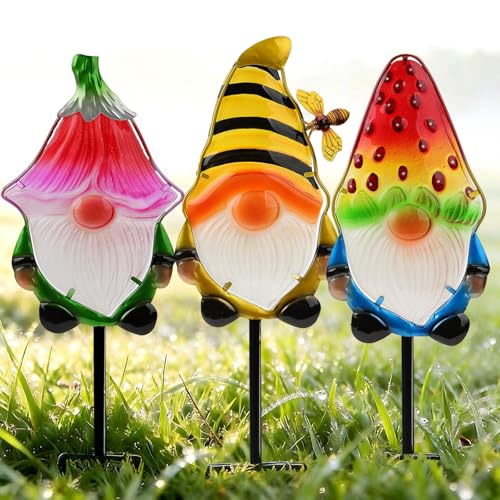 Gnome Garden Stake Set of 3 Metal Glass 18.3" Funny Outdoor Yard Lawn Decor - color: Gnome