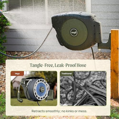 Vego Garden Hose Reel Retractable Hi-Flow Wall Mounted Hose Reel Automatic Rewind, Any Length Lock with 9 Patterns Sprayer Nozzle, Quick Connector and Adjustable shot Nozzle (Cloud White, 100ft) - color: Cloud White, size: 100ft