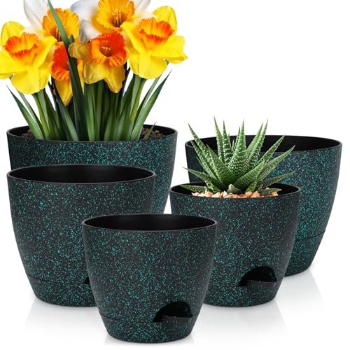 YNNICO Plant Pots 10/9/8/7.5/7 inch, Self Watering Planters with Drainage Holes & Saucers for Indoor and Outdoor Plants (Green Speckles) - color: Green Speckles, size: 10/9/8/7.5/7 inch
