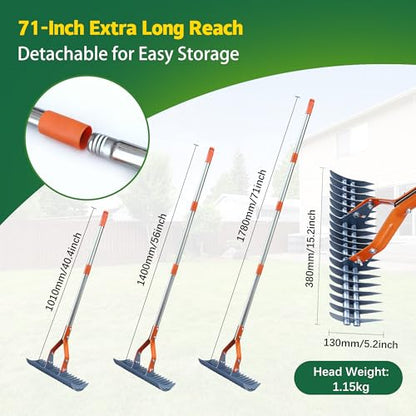 Thatch Rake – 74-Inch Heavy Duty Metal Rake with Hardened Steel Tines for Efficient Lawn Thatch and Dead Grass Removal, Detachable Handle Manual Dethatcher Rake for Yard and Landscape Maintenance
