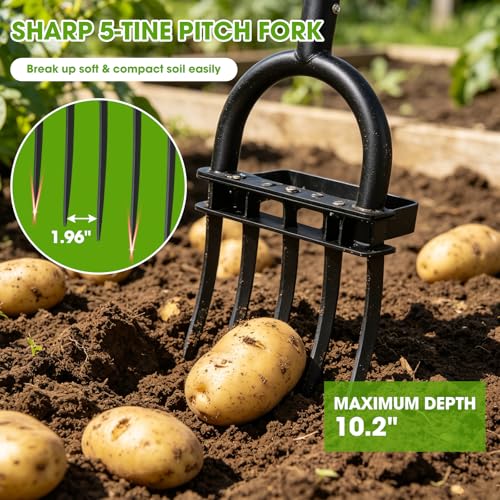 Broad Fork Garden Tool, 55" Heavy Duty 5 Sharp Tines BroadFork Hand Tiller Garden Pitchfork with Ergonomic Handles for Spading Digging Fork - size: Broad Fork 55Inch
