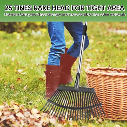 Heavy Duty Garden Rake 6FT Long 25 Tines - style: Stainless Steel - Black
