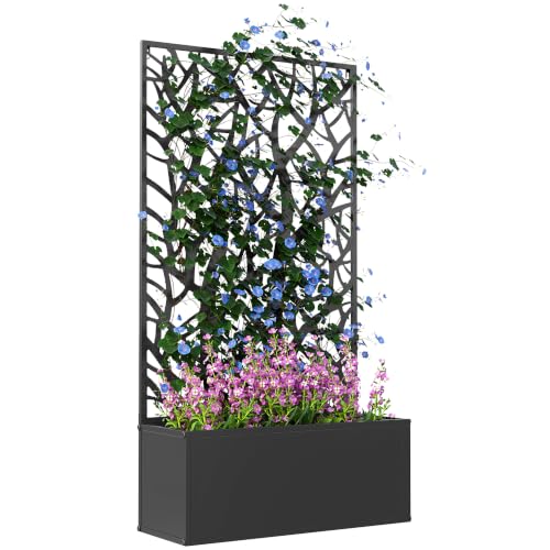Outsunny Metal Raised Garden Bed with Trellis, Two Big Tree Cut-Outs - style: Two Big Tree Cut-Outs