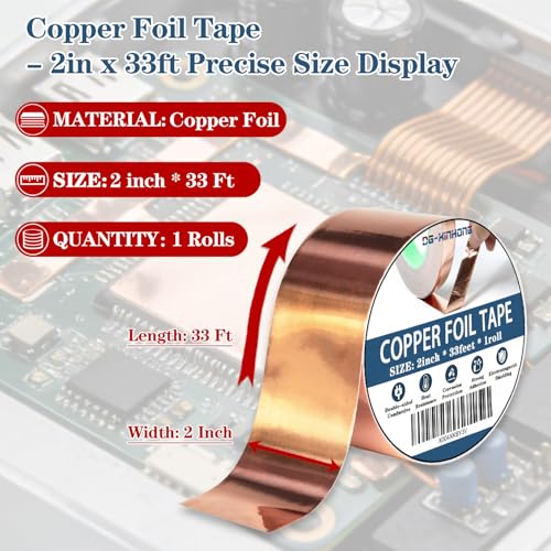Copper Foil Tape (2inch X 33 FT) with Conductive Adhesive for Guitar and EMI Shielding, Crafts, Electrical Repairs,Grounding,Easy to Bend & Tear by Hand, Versatile Use