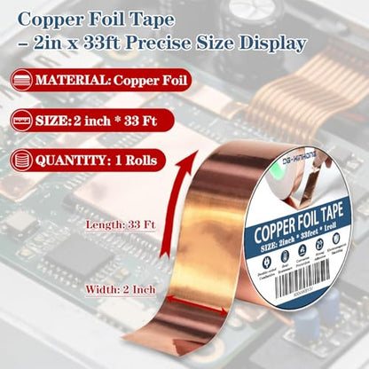Copper Foil Tape (2inch X 33 FT) with Conductive Adhesive for Guitar and EMI Shielding, Crafts, Electrical Repairs,Grounding,Easy to Bend & Tear by Hand, Versatile Use