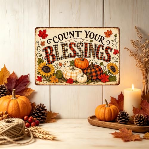 Count Your Blessings Thanksgiving Metal Sign Fall Wall Decor 8x12 Inch - color: Count Your Blessings
