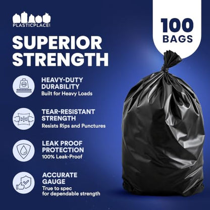 Plasticplace 64-65 Gallon Trash Can Liners for Toter │ 1.2 Mil │ Black Heavy Duty Garbage Bags │ Rolls │ 50” x 60” (100 Count) - size: 100 Count (Pack of 1)