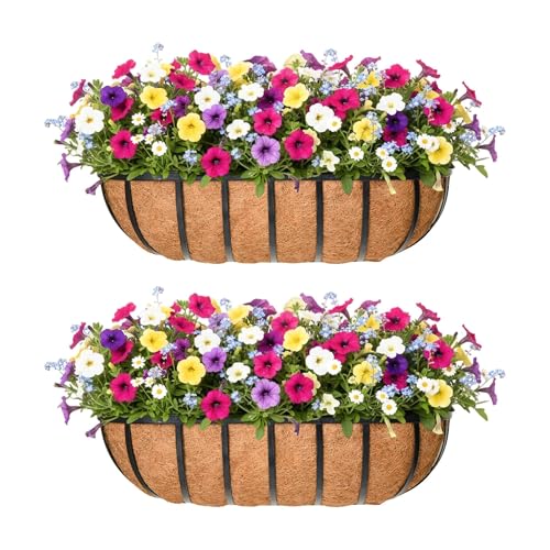 16'' Window Box Railing Planter with Coco Liner,2 Pack Horse Trough Planters Black Metal Hanging Flower Planters Basket for Porch Fence Patio Indoor Outdoor Lawn - size: 16 Inch