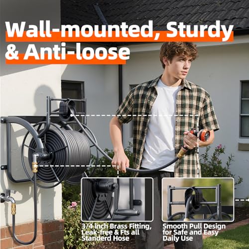 Metal Wall Mounted Garden Hose Reel Holds 150 ft 5/8" or 230 ft 1/2" Hose
