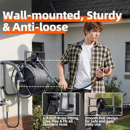 Metal Wall Mounted Garden Hose Reel Holds 150 ft 5/8" or 230 ft 1/2" Hose
