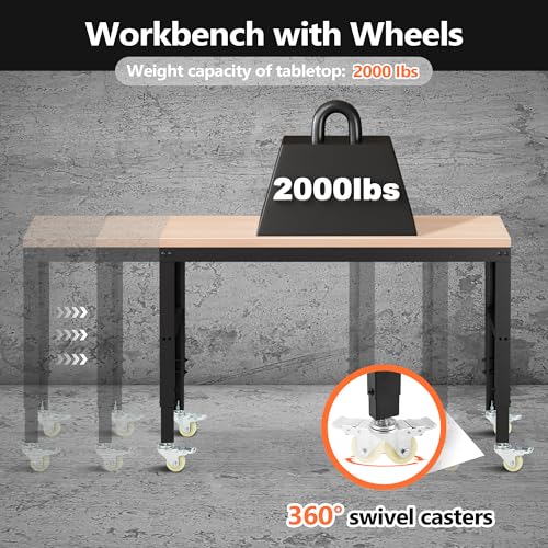 Antifir 60" Adjustable Workbench, Heavy Duty Wood Workstation - size: 60x24" With Wheel