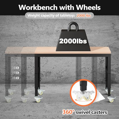 Antifir 60" Adjustable Workbench, Heavy Duty Wood Workstation - size: 60x24" With Wheel