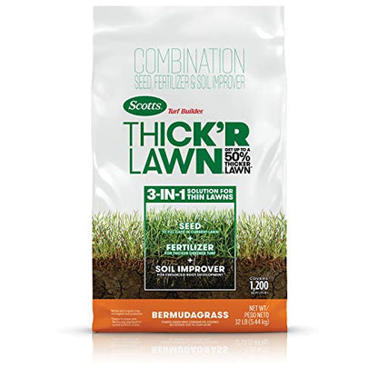Scotts Turf Builder Thick'R Lawn Bermudagrass - Covers 1,200 sq. ft., Combination Seed, Fertilizer and Soil Improver, Fill and Repair Gaps in Thin Lawns and Enhance Root Development, 12 lb. - size: 12 lb.