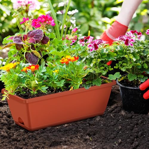 CADUKE Railing Planter Boxes Deck 2 Pack Railing Flower Box with Adjustable Bracket 17 Inch Window Boxes Rectangle Window Deck Hanging Planters Boxes for Outdoor Patio, Red - color: Red