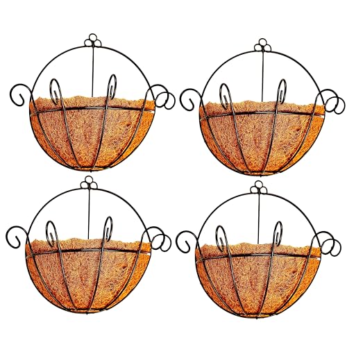 ShopLaLa Hanging Wall Planters (10 in, 4 Pack) Black Coco Liner Flower Pots - size: 10" (25cm) x 4 Pack