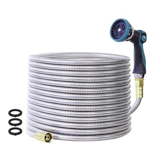 50FT Garden Hose, Stainless Steel Water Hose, Metal Hose Flexible with a 10-Mode Nozzle Sprayer, No Kink, Lightweight, Puncture Proof, Ideal for Yard, Lawn, Outdoor, 5/8'' Outside Diameter - size: 50 Feet