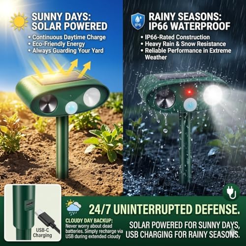 2026 Sonic Fortress Pro Deer Repellent Devices with USB Charge,Solar Ultrasonic Animal Repellent with Motion Sensor&Flash Light,Deer Deterrent for Flower beds,Vegetable Gardens,Plants 4Pack